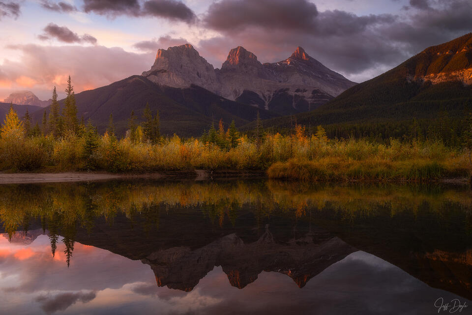 Sunrise Over Three Sisters Mountains Reflected in Autumn Lake