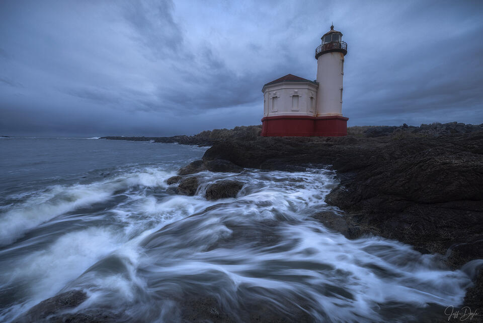 Coquille River Lighthouse – Stormy Seas and Swirling Surf Beneath Coastal Skies