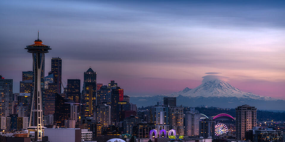 Seattle Sunrise Space Needle and Skyline Framed by Mount Rainier at Dawn