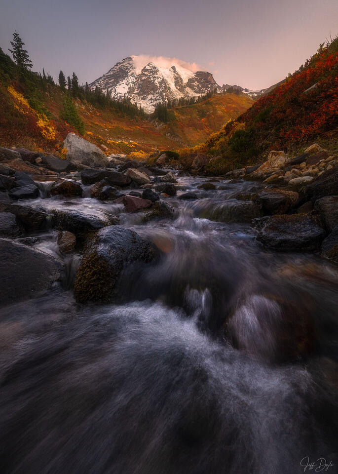 Mount Rainier in Autumn – Cascading Stream Below Fiery Fall Foliage and Snow-Capped Peak