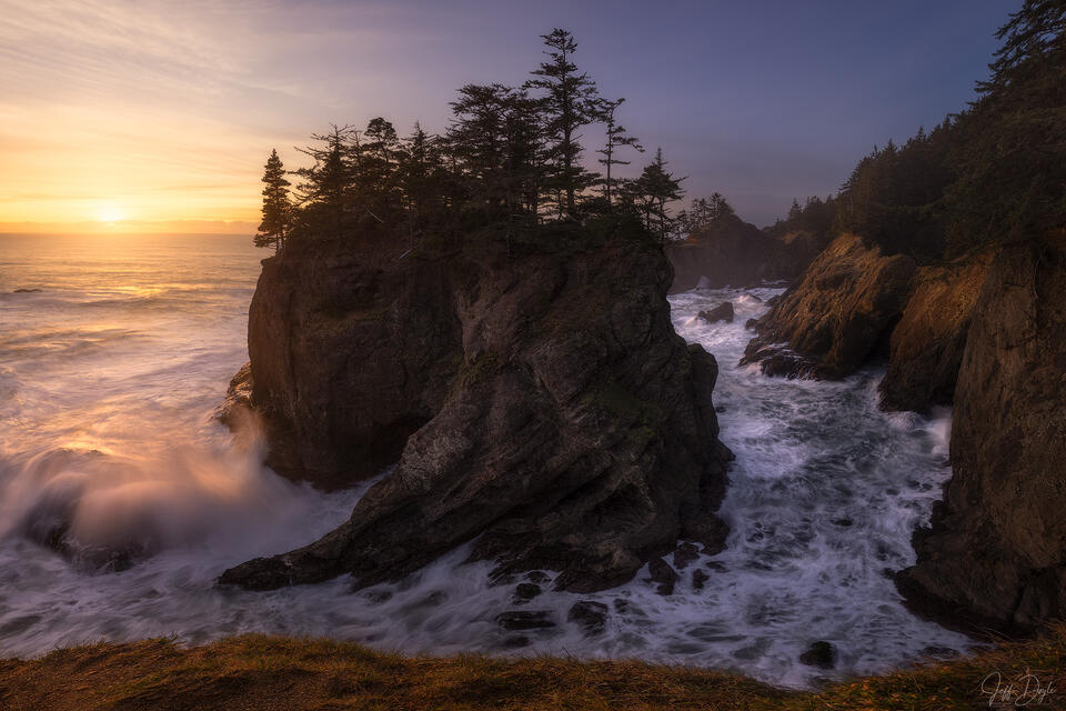 Oregon Coast Sunset – Waves Crash Against Sea Stacks Beneath Fiery Evening Sky