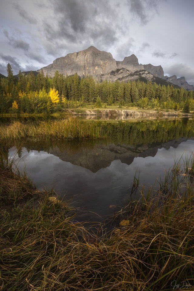 Quarry Lake – Autumn Reflection of Rocky Mountain Peaks Beneath Brooding Skies in Canmore
