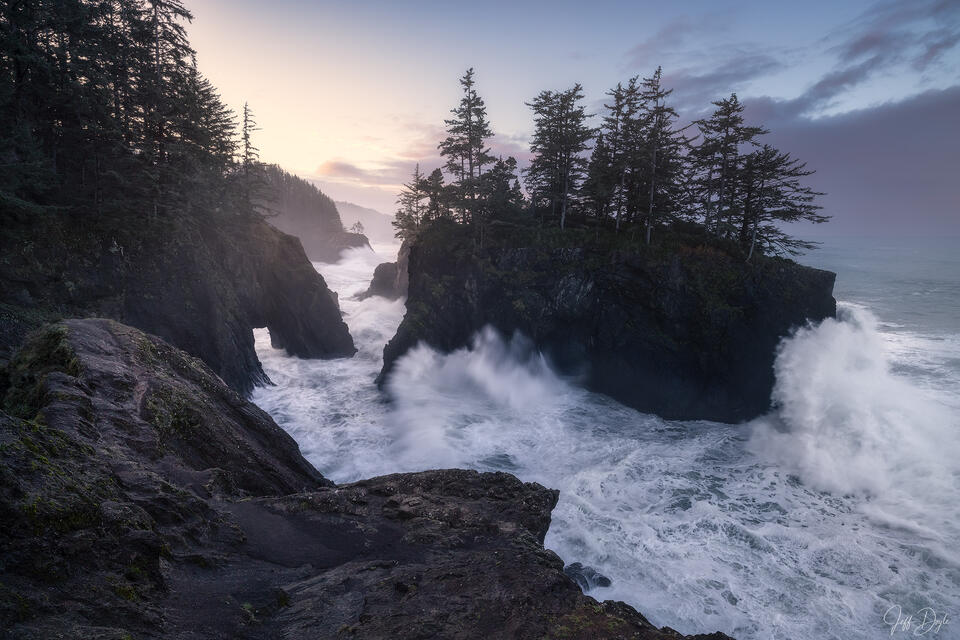 Oregon Coast at Dawn – Waves Crash Against Forested Sea Stacks Under a Soft Morning Sky