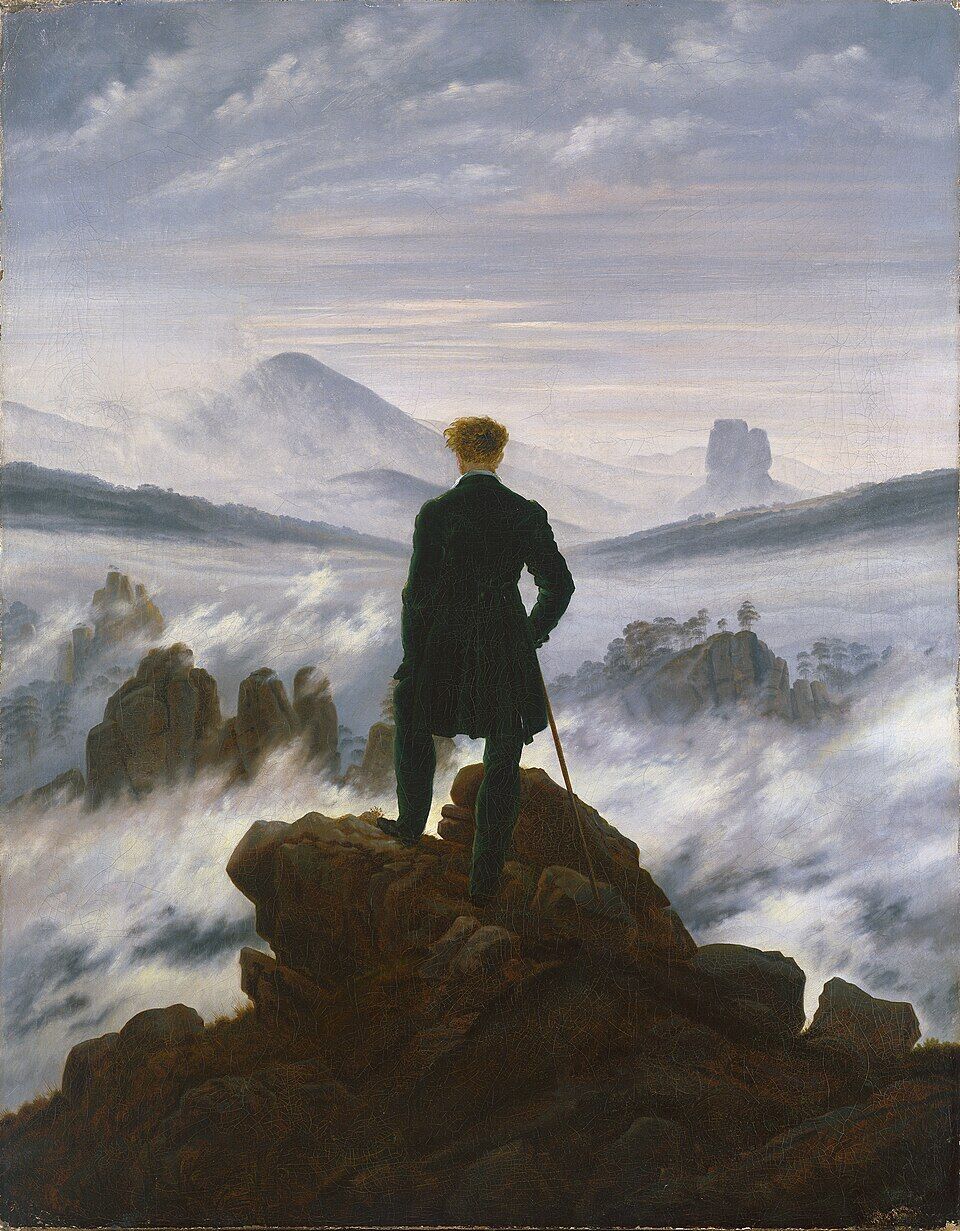 Romantic landscape painting of a lone man standing on a rocky peak, gazing out over a vast sea of fog that fills a mountain valley. Mist swirls between distant peaks under a soft morning sky, capturing a quiet moment of contemplation and the sublime power of nature.