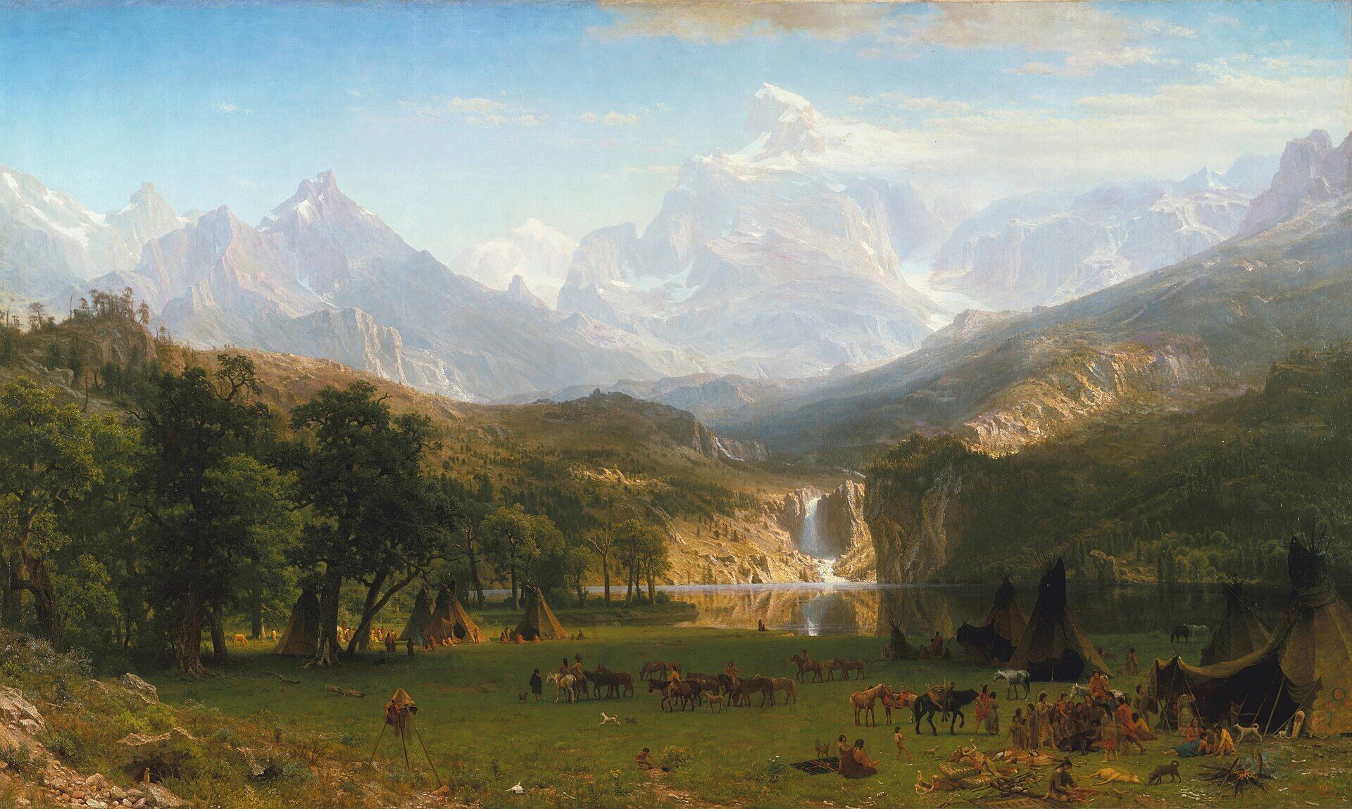 Albert Bierstadt painting of Lander’s Peak in the Rocky Mountains, with a broad valley, lake, waterfall, Native American encampment, horses, trees, and distant snow-covered peaks.