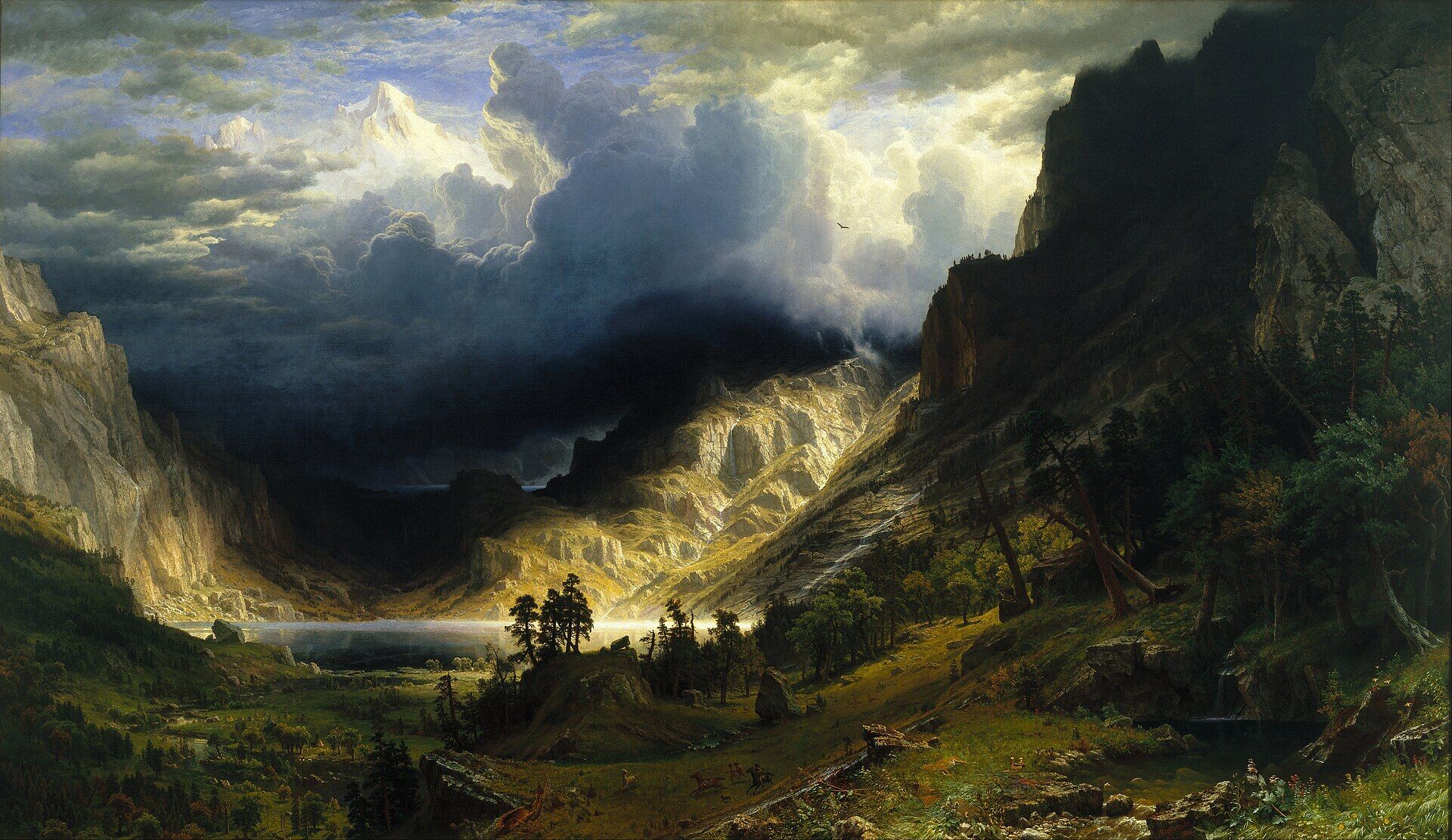 Albert Bierstadt landscape painting of a dramatic storm over the Rocky Mountains, with dark clouds, towering cliffs, a glowing sunlit valley, forest, lake, and distant snow-covered peak.
