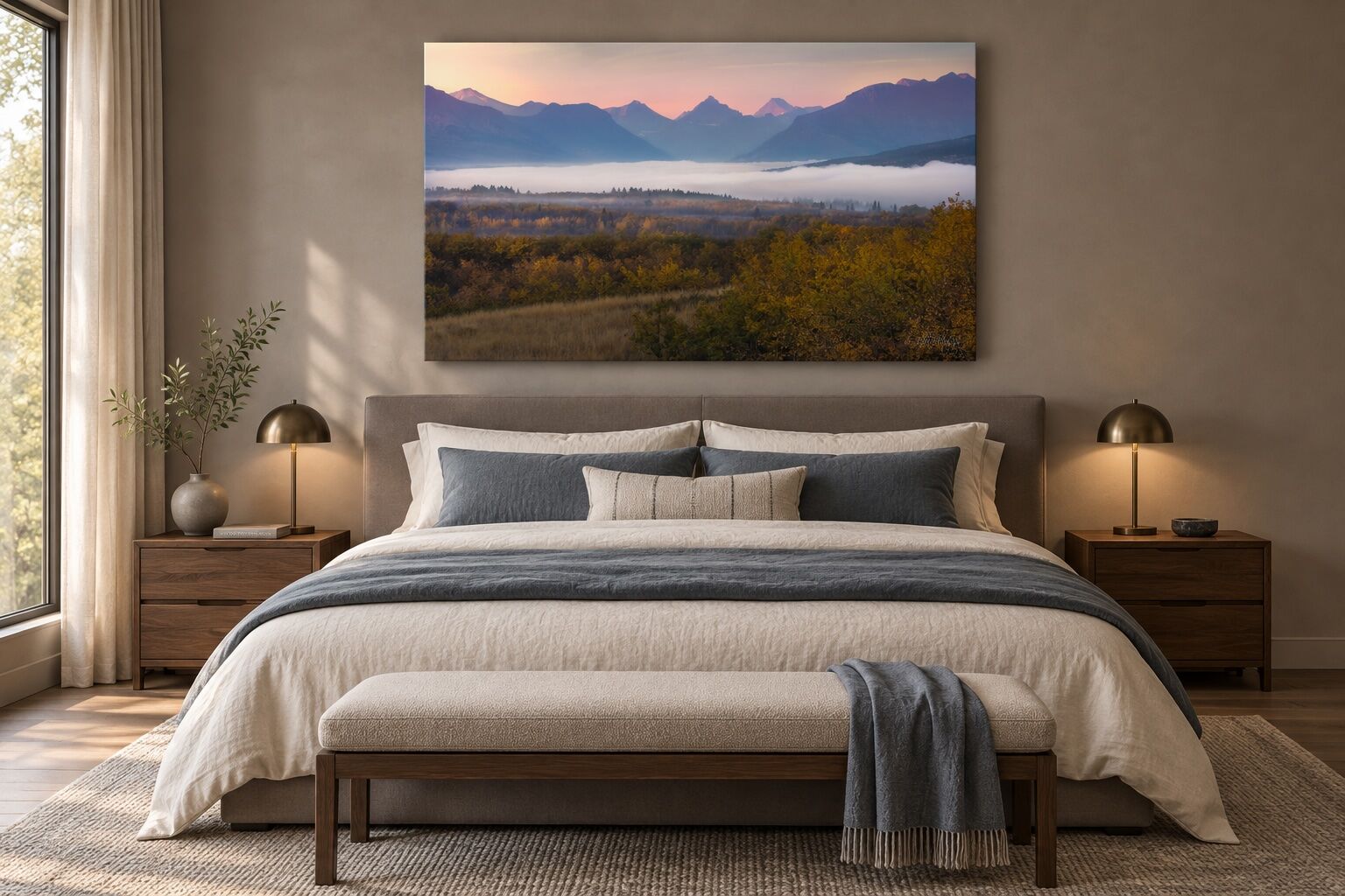 Dreaming of Glacier mountain landscape displayed as a large frameless ChromaLuxe metal print above an upholstered bed in a calm modern bedroom.