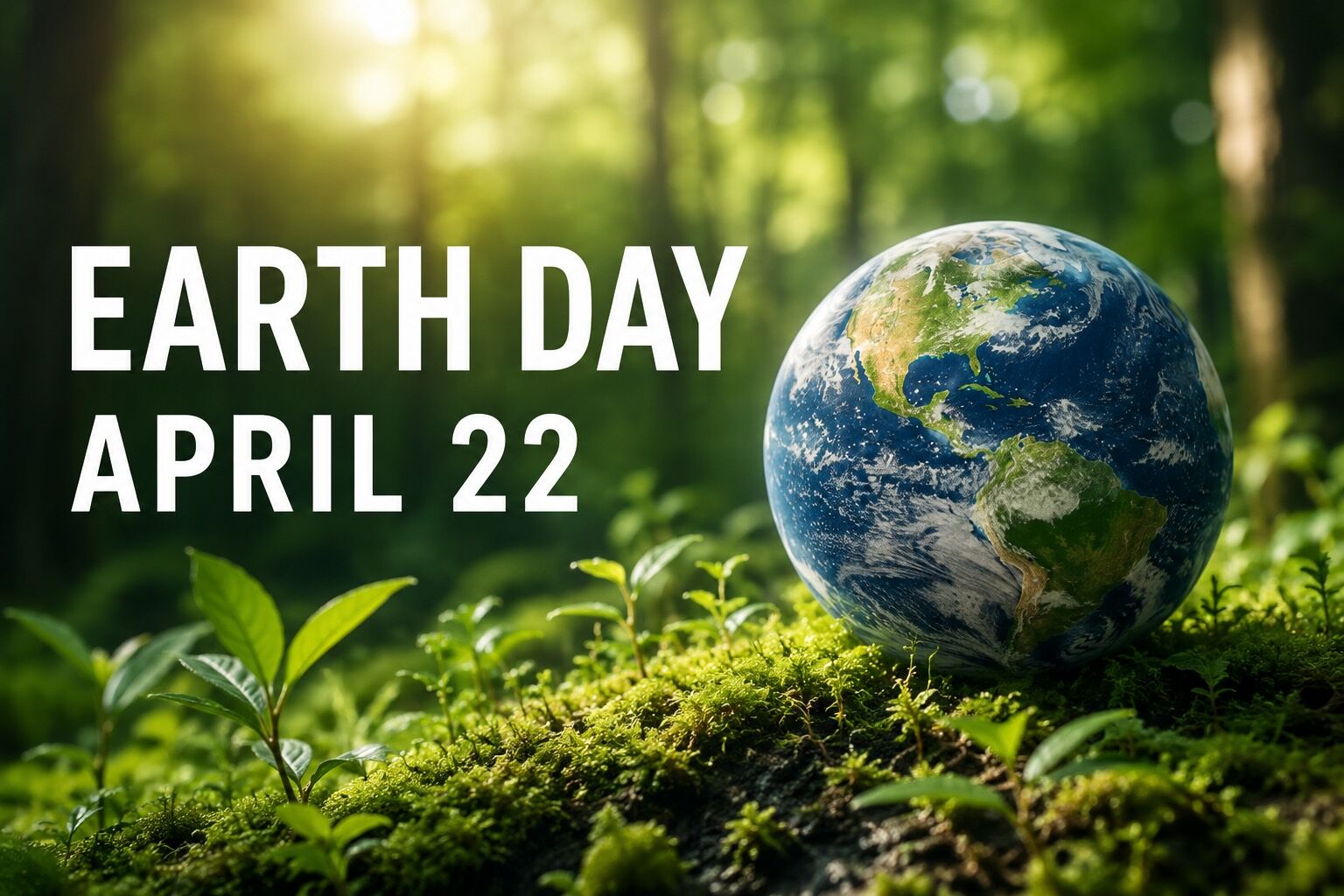 Earth Day April 22 graphic with a model of Earth resting on moss in a sunlit forest.