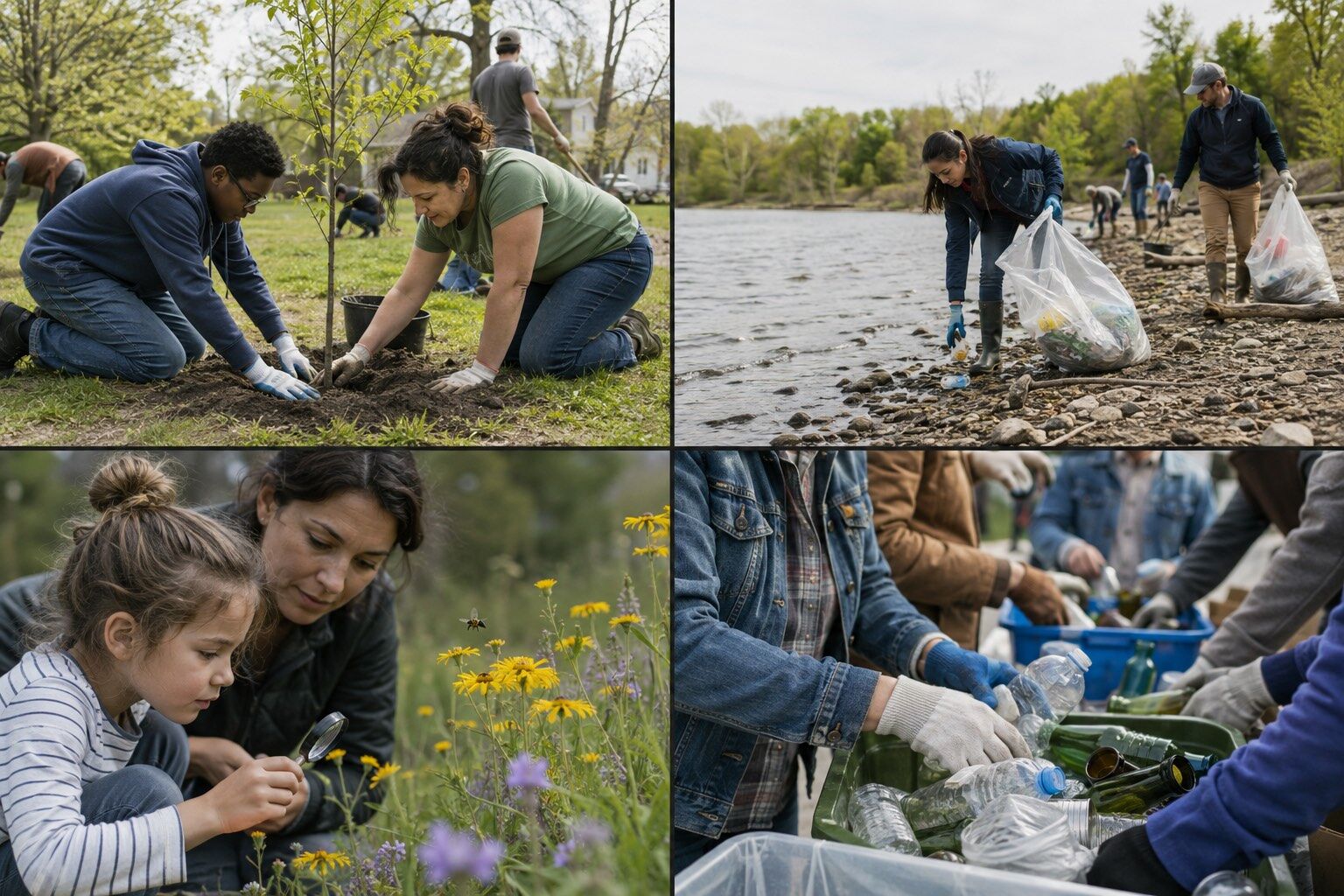 Four-panel Earth Day collage showing volunteers planting a tree, cleaning a riverbank, observing pollinators, and sorting recyclable materials.