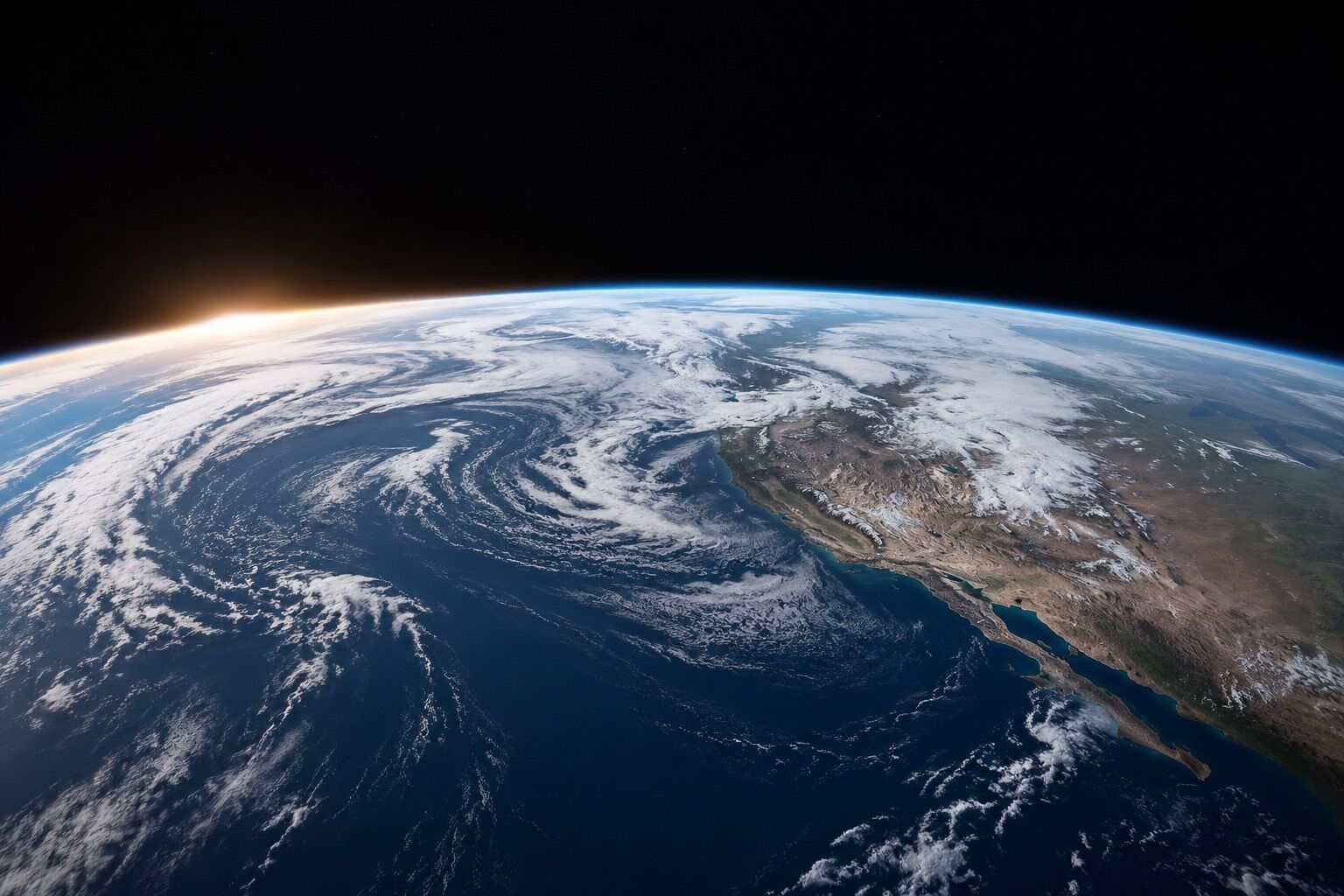 Conceptual view of Earth from orbit showing the Pacific Ocean, western North America, cloud systems, and the planet’s thin atmosphere.
