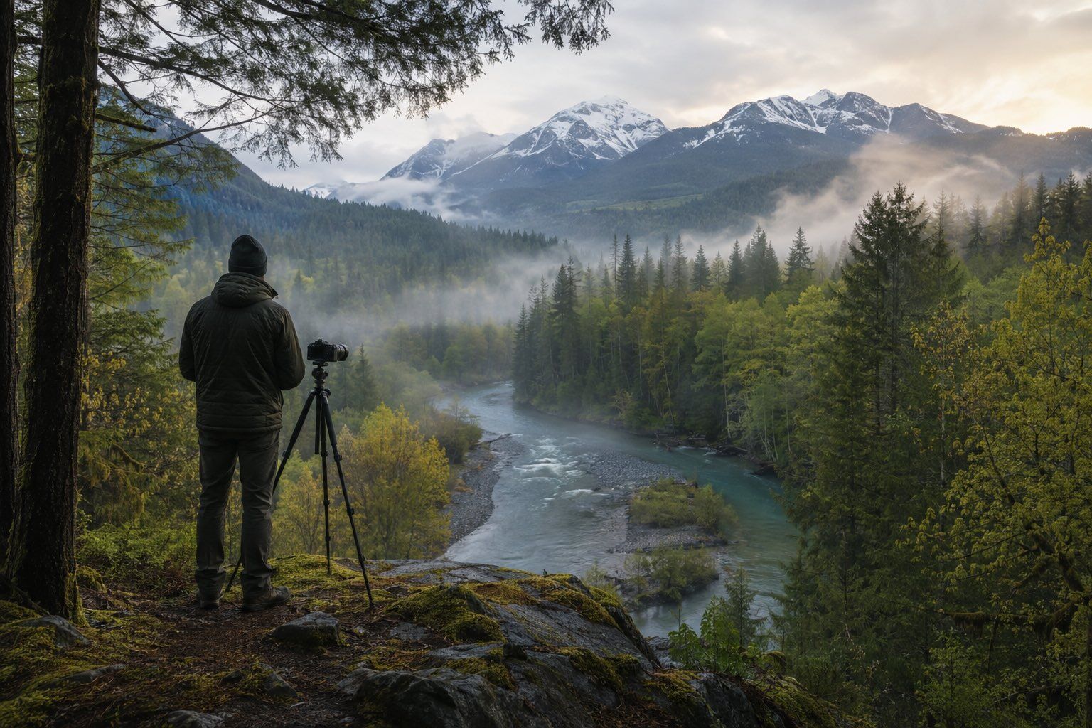 Landscape photographer standing beside a tripod above a misty forest river with snow-covered mountains in the distance.