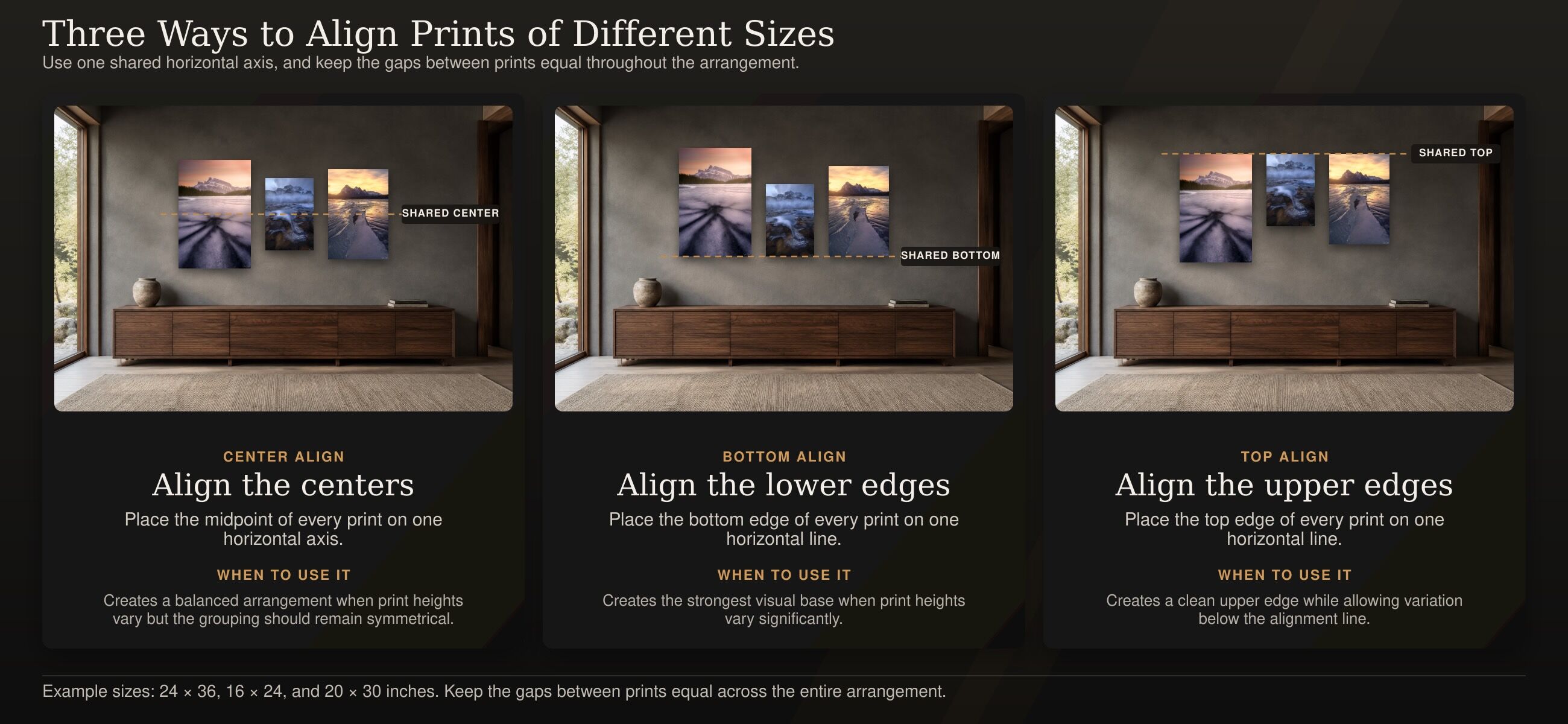 Fine art print alignment guide showing three room examples of center, bottom, and top alignment for vertical landscape prints of different sizes.