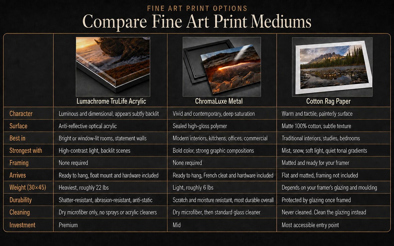 Comparison table of Lumachrome TruLife acrylic, ChromaLuxe metal, and cotton rag paper prints, including surface, framing, weight, durability, cleaning, and investment.