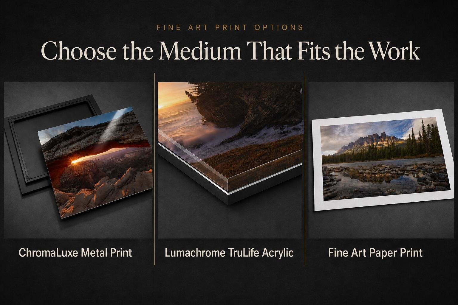 Fine art print medium comparison showing ChromaLuxe metal, Lumachrome TruLife acrylic, and fine art paper print presentations.