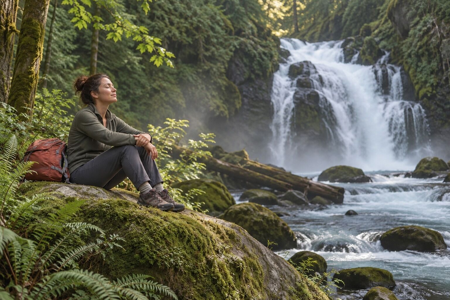 A hiker rests on a moss-covered rock beside a waterfall and rushing stream in a lush Pacific Northwest forest.
