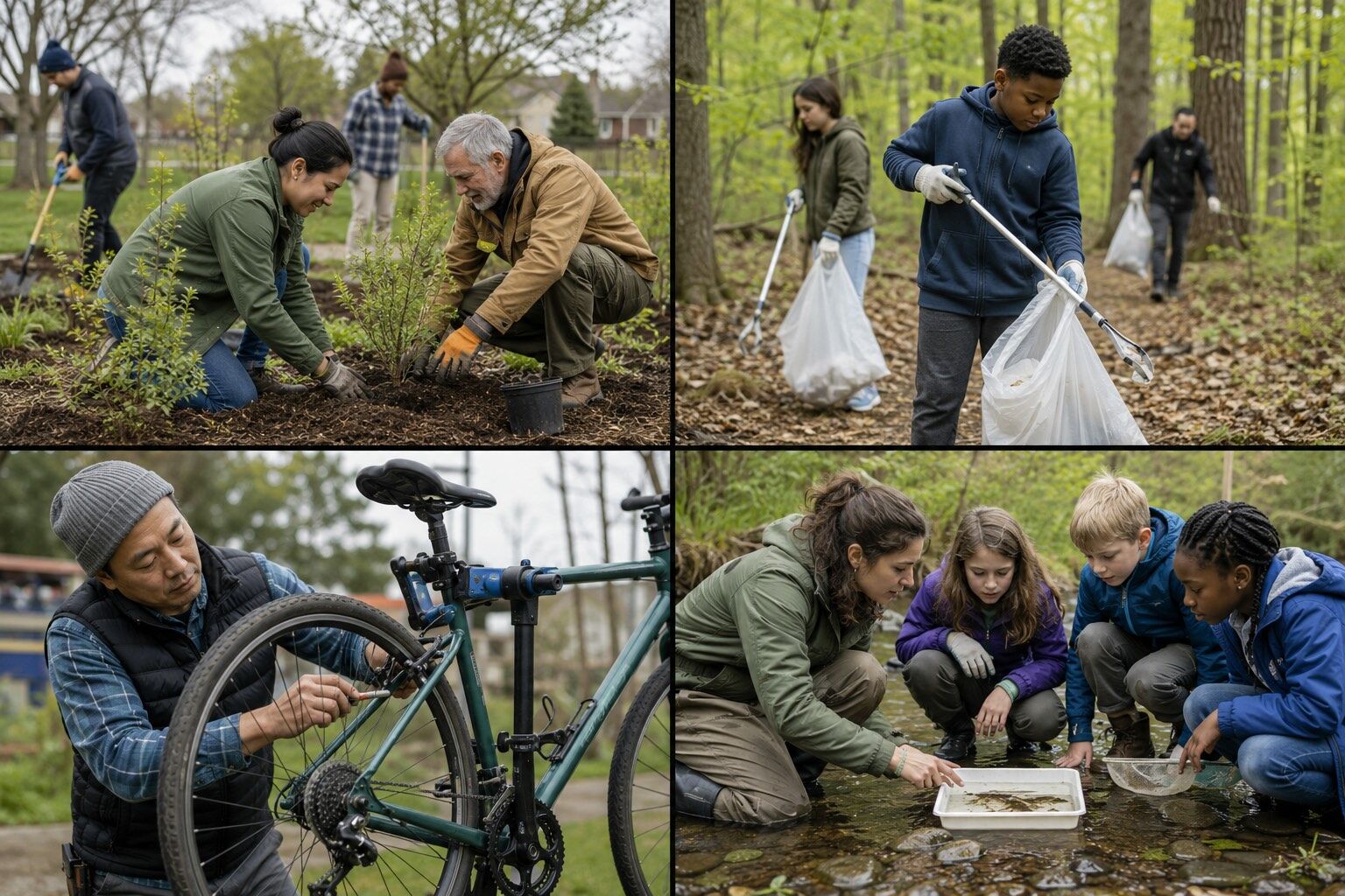 Four Earth Day activities including planting native shrubs, cleaning a forest trail, repairing a bicycle, and studying a stream.