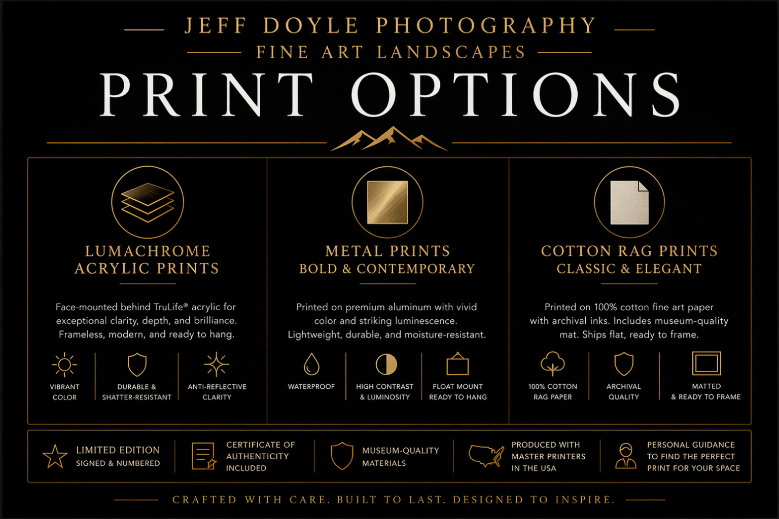 Print options from Jeff Doyle Fine Art Photography: Lumachrome TruLife acrylic, metal, and cotton rag fine art paper prints, all limited edition, signed and numbered.