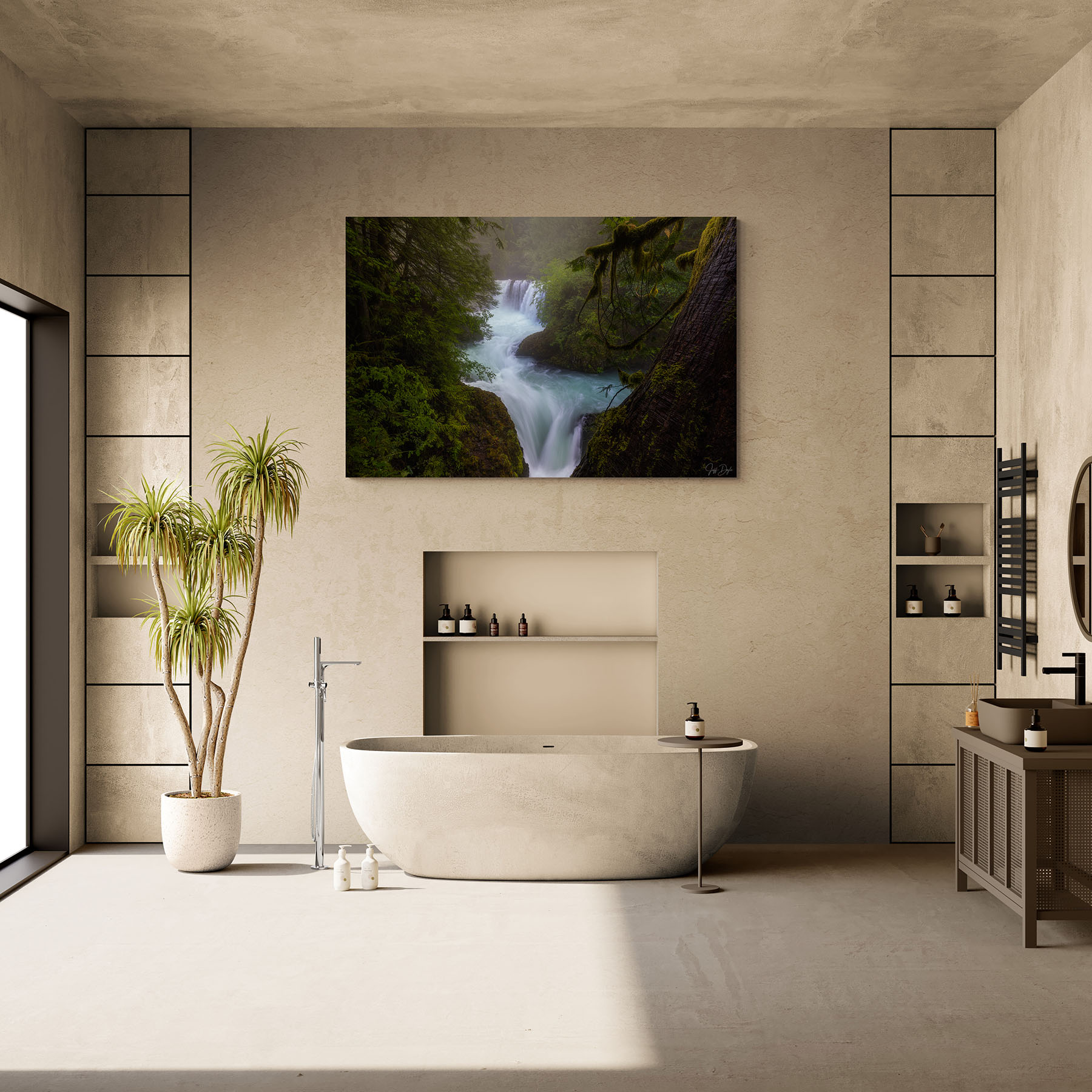 Fine art waterfall photograph from the Pacific Northwest displayed in a luxury bathroom with neutral stone walls – matching fine art to bathroom design