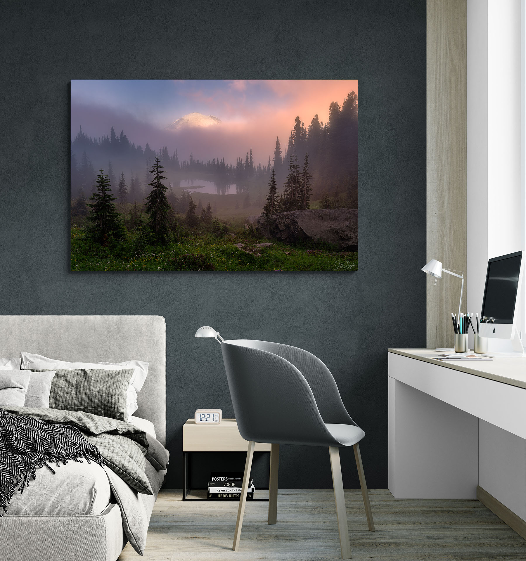 Fine art photograph of Mount Rainier displayed on a dark accent wall in a modern bedroom – showing how landscape photography works against dark walls