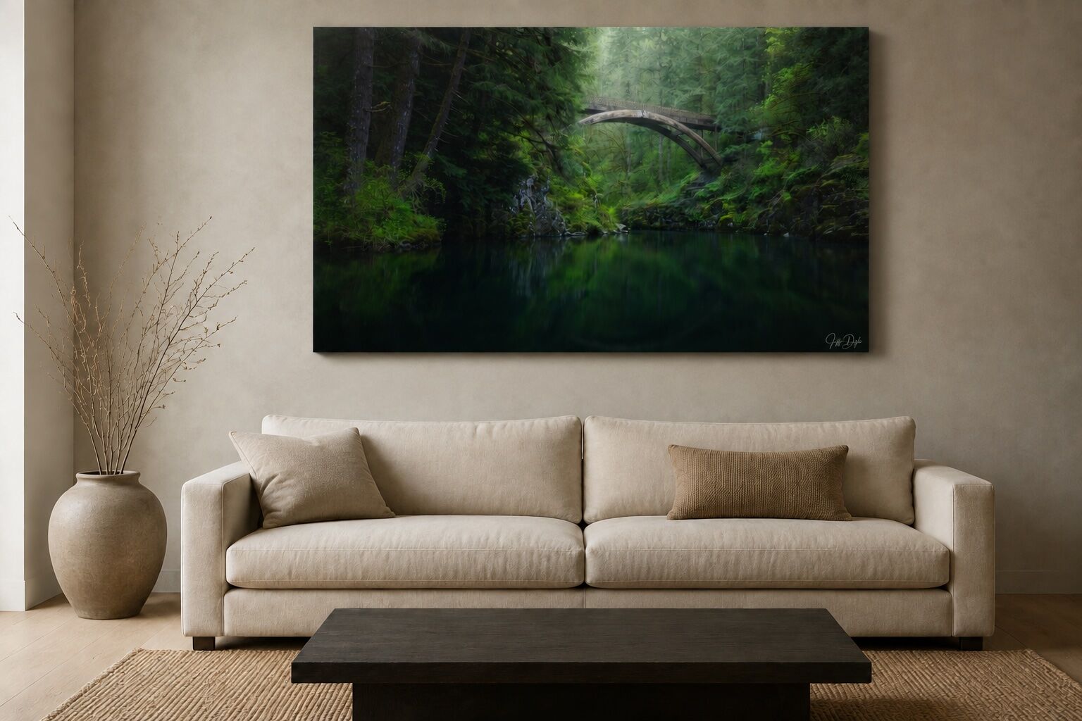 Image of Moulton Falls displayed as a large frameless Lumachrome TruLife acrylic print above an oatmeal linen sofa.