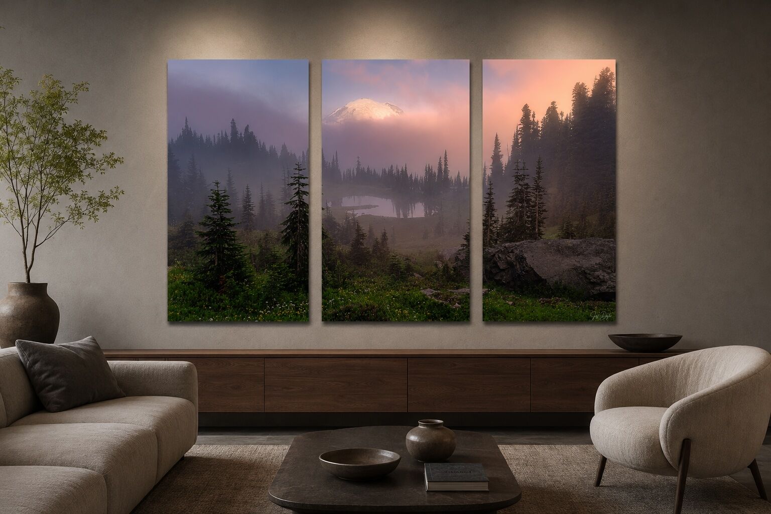 Mount Rainier landscape photograph divided across three vertical panels above a walnut credenza in a modern living room.