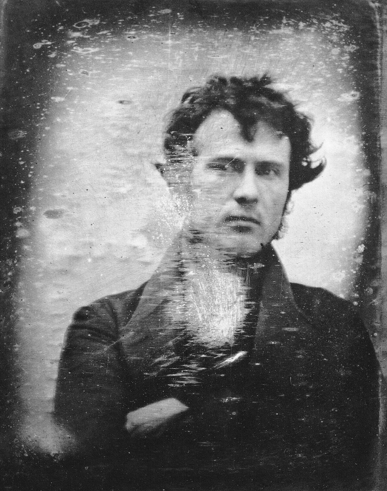 1839 photographic self-portrait of Robert Cornelius, one of the earliest surviving photographic portraits.