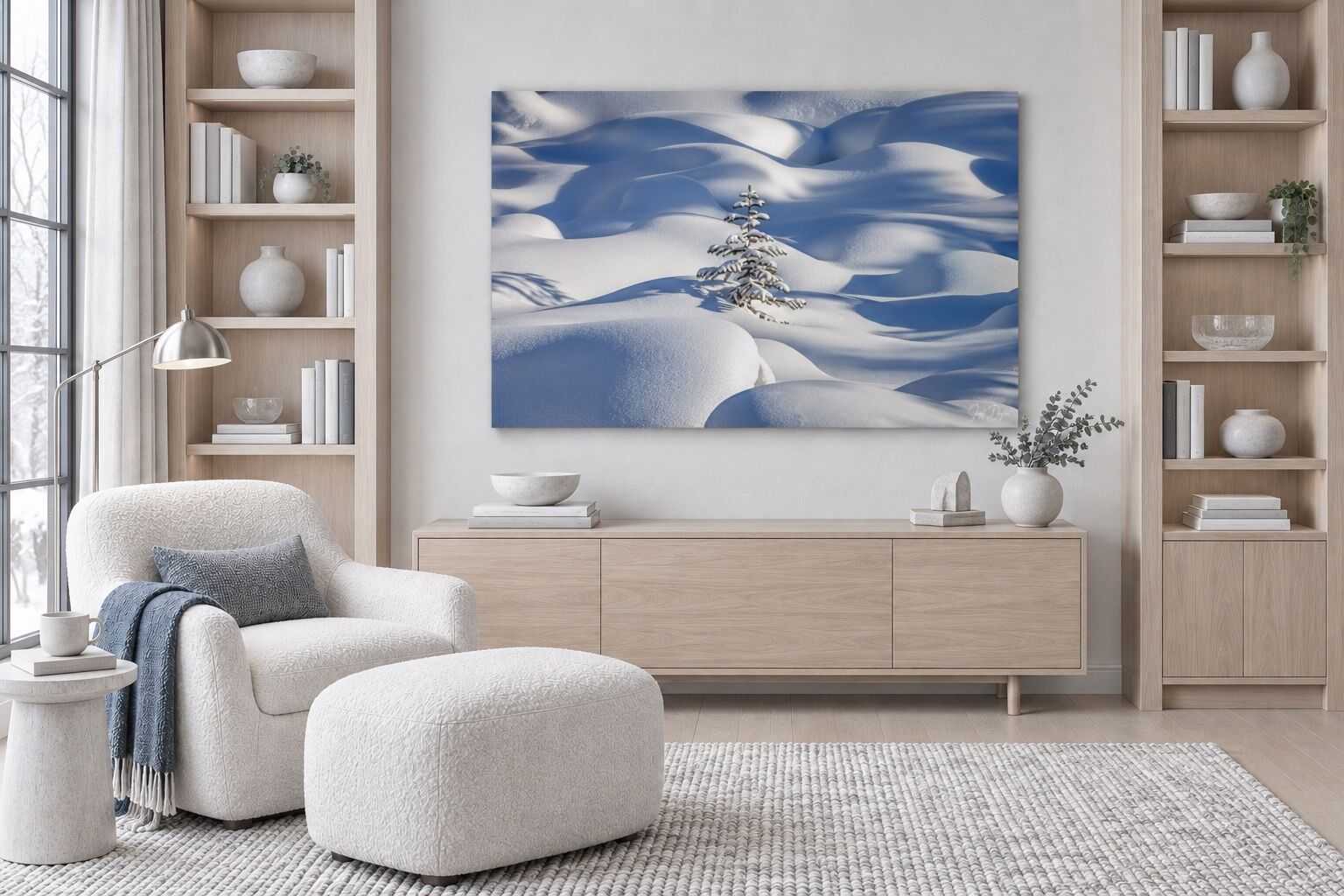 Silent Pillows of Winter displayed as a frameless ChromaLuxe metal print above a pale oak console in a cool white reading room