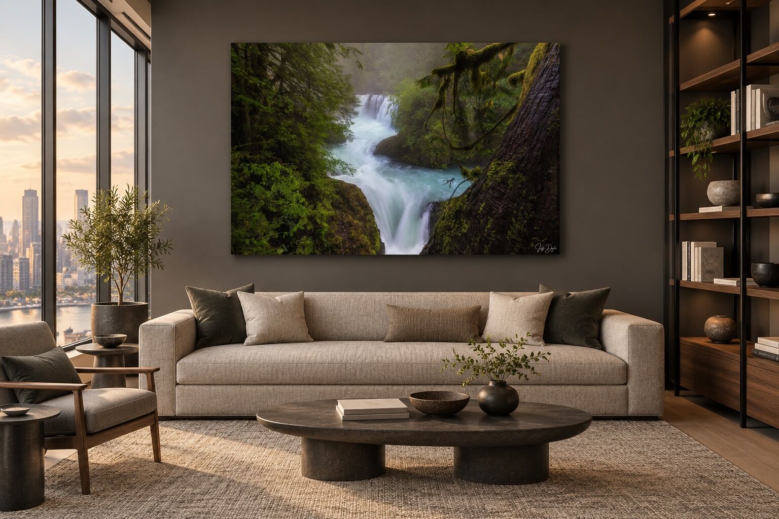 Spirit Falls photograph displayed as a large frameless ChromaLuxe metal print above a modern sofa in a luxury apartment with floor-to-ceiling windows and a bookcase.