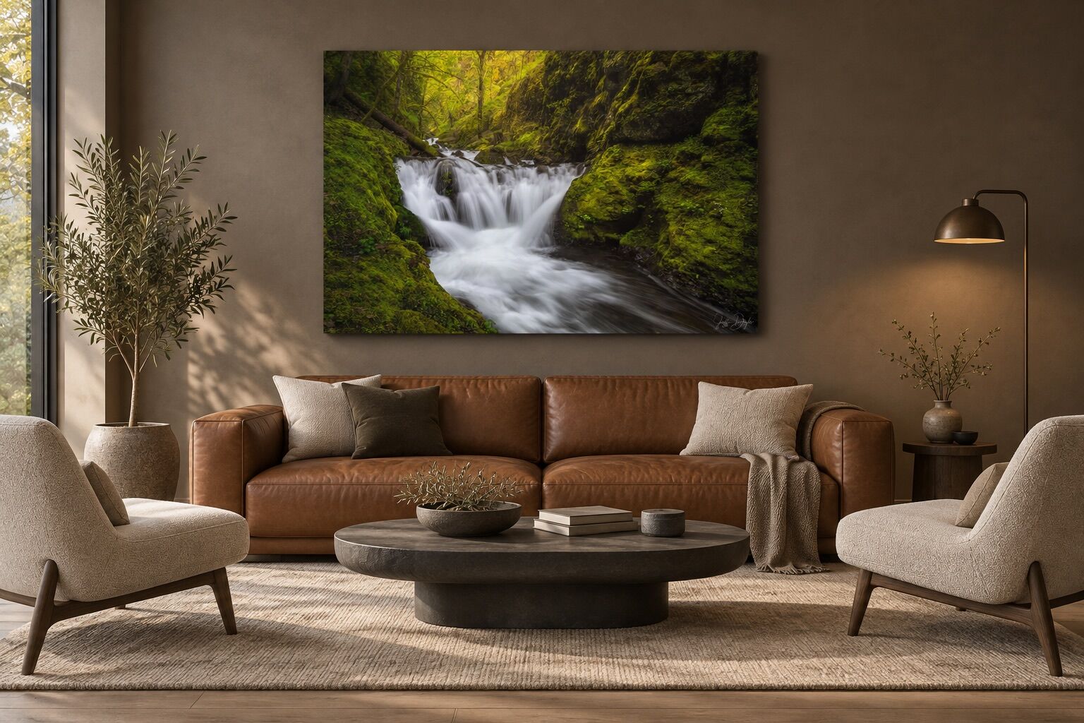 Gorton Creek Falls waterfall photograph displayed as a large frameless ChromaLuxe metal print above a cognac leather sofa between two upholstered lounge chairs.