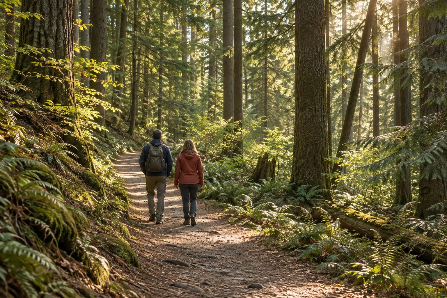 Two people walk along a sunlit trail through ferns and tall evergreens in a Pacific Northwest forest.
