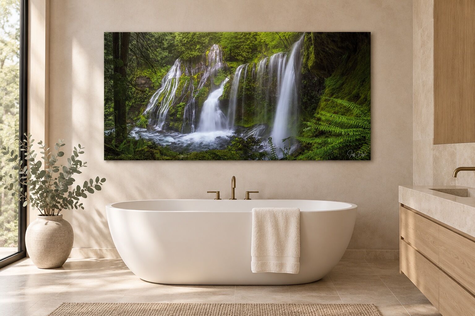 Panther Creek Falls photograph displayed as a large frameless ChromaLuxe metal print above a soaking tub in a luxury bathroom.